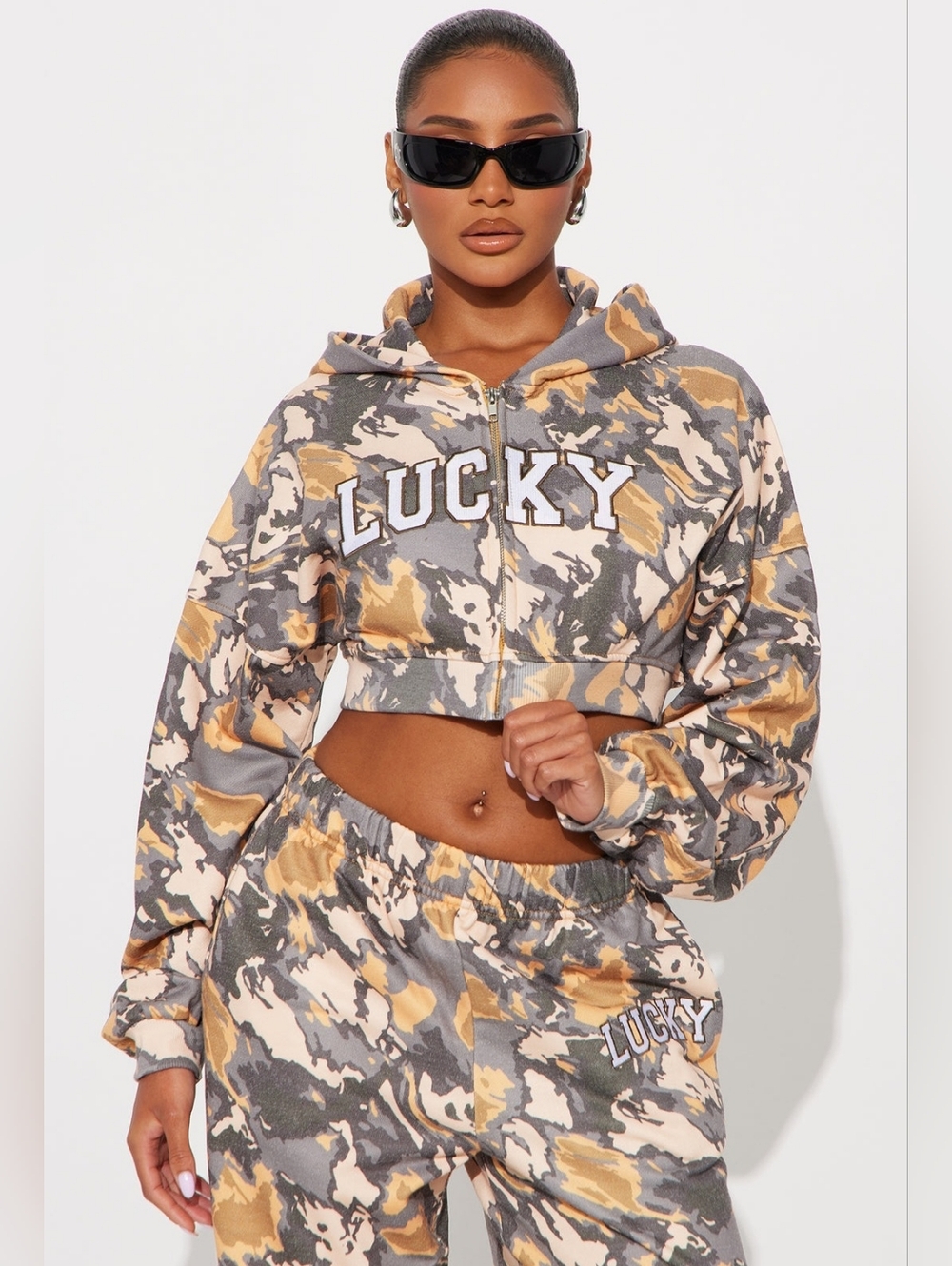 Fashion Nova Gray and Mustard Camo Wide-Leg Pants - Picture 2 of 3